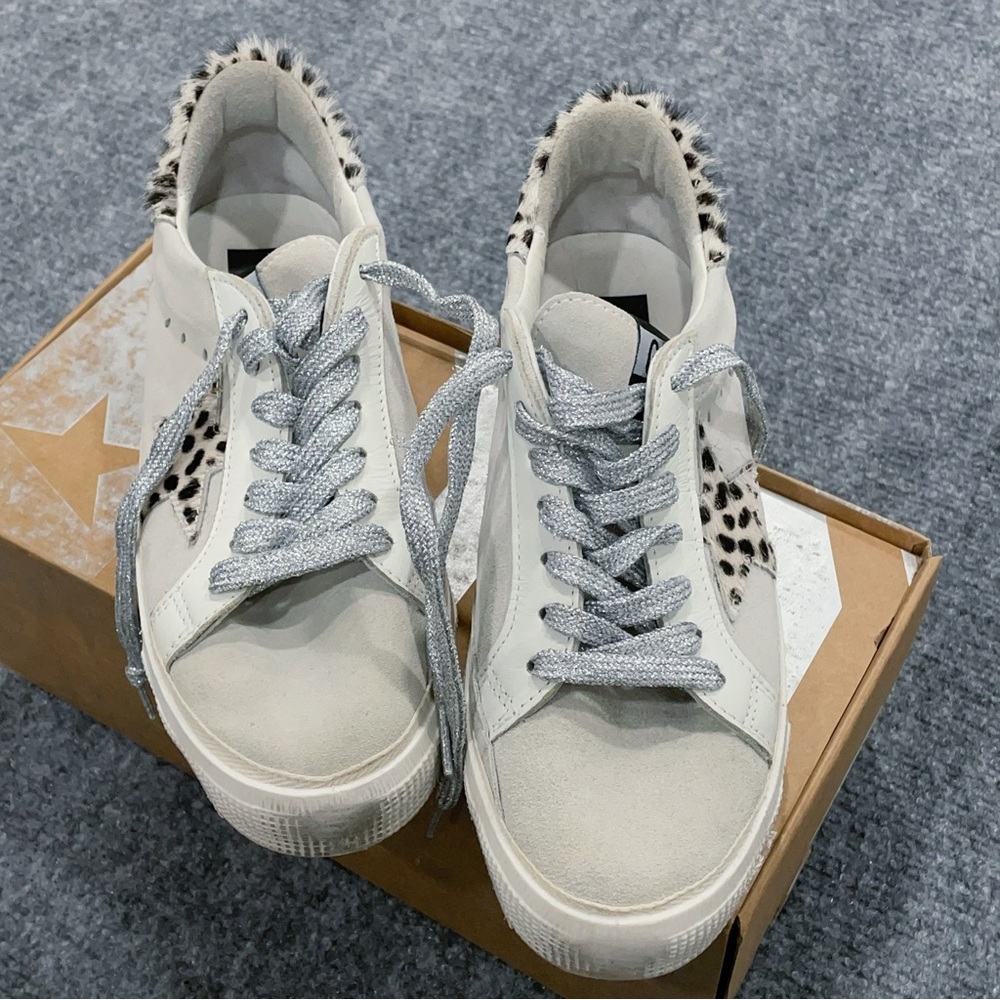 Golden Goose White Sneakers with Silver Laces and Leopard Accent
